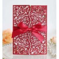 Marriage Invitation Card With Ribbon Bow Laser Cut Glitter Paper Wedding Supplies